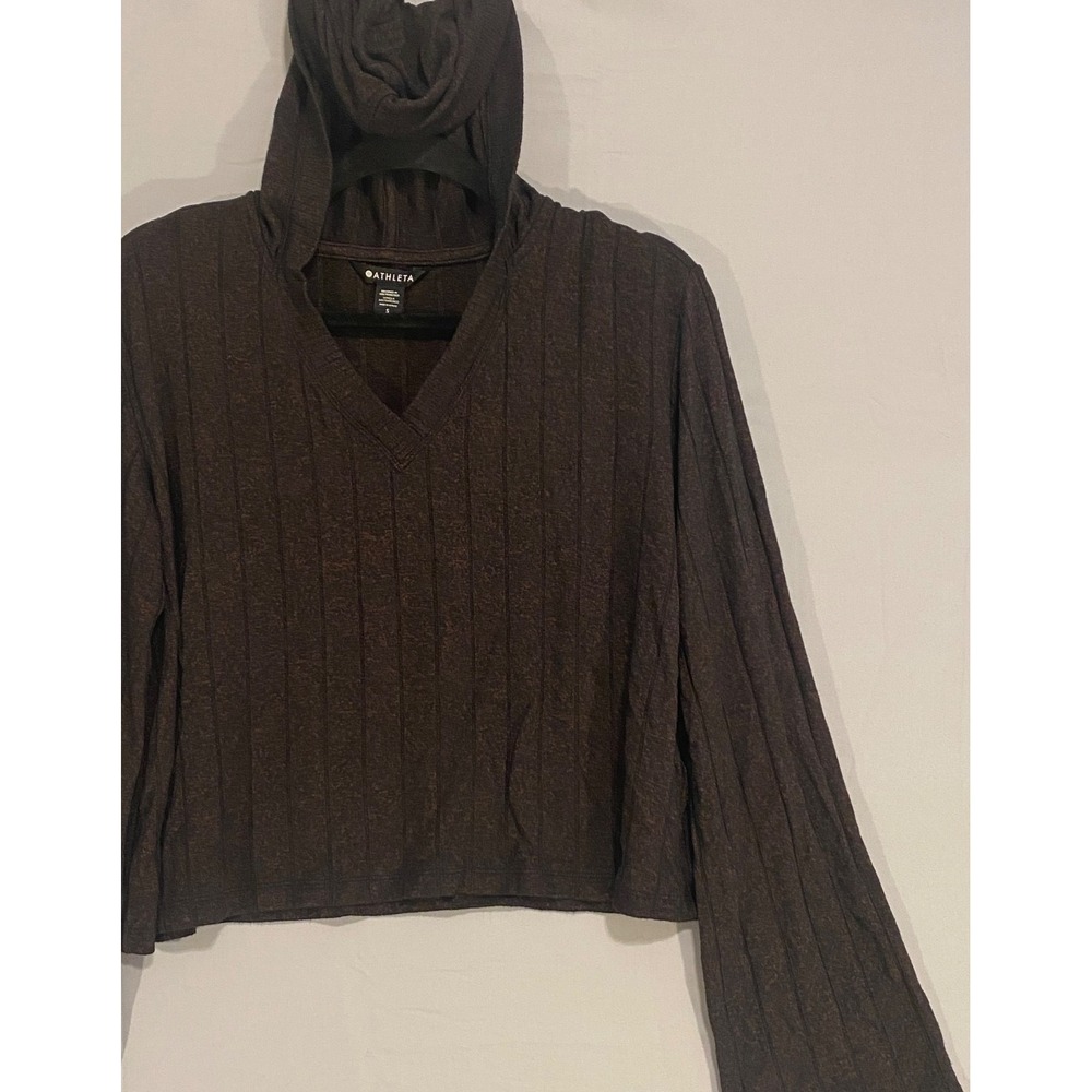 ATHLETA WOMENS SIZE S PETITE V-NECK HARMONY RIBBED HOODIE CROPPED BROWN